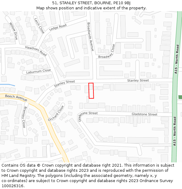 51, STANLEY STREET, BOURNE, PE10 9BJ: Location map and indicative extent of plot