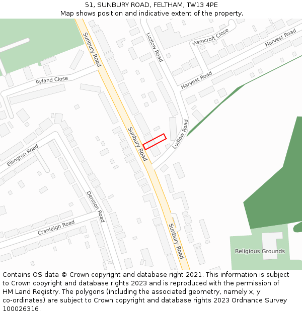 51, SUNBURY ROAD, FELTHAM, TW13 4PE: Location map and indicative extent of plot