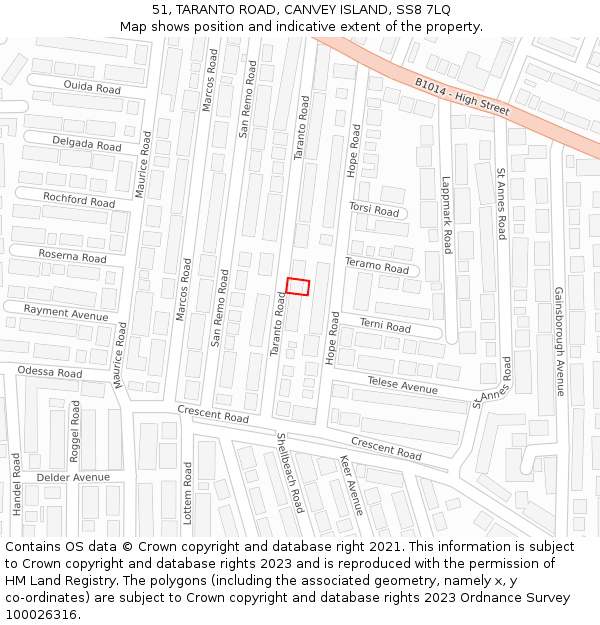 51, TARANTO ROAD, CANVEY ISLAND, SS8 7LQ: Location map and indicative extent of plot