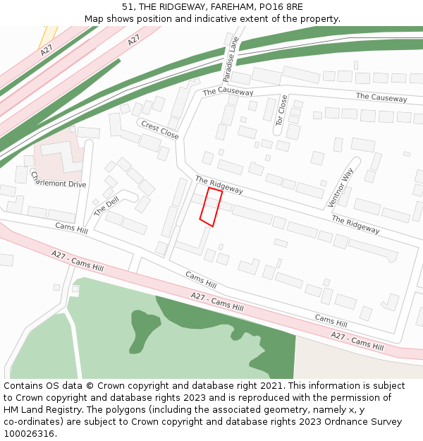 51, THE RIDGEWAY, FAREHAM, PO16 8RE: Location map and indicative extent of plot