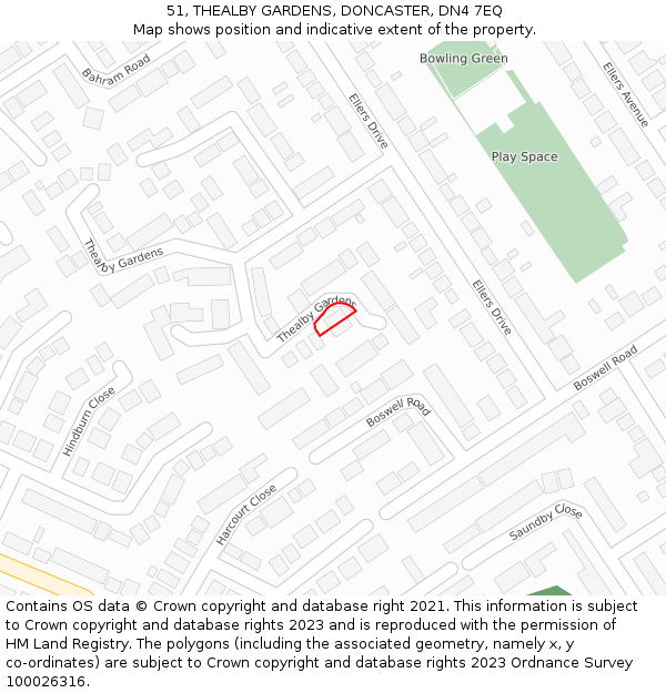 51, THEALBY GARDENS, DONCASTER, DN4 7EQ: Location map and indicative extent of plot