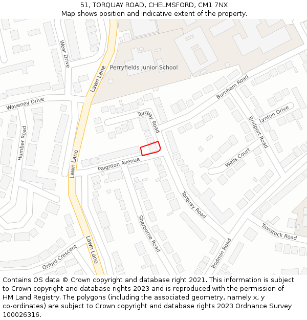 51, TORQUAY ROAD, CHELMSFORD, CM1 7NX: Location map and indicative extent of plot