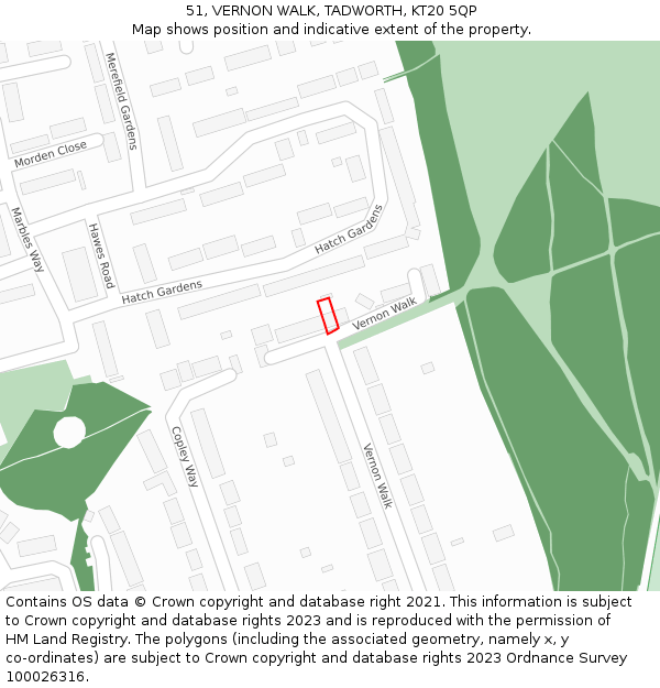 51, VERNON WALK, TADWORTH, KT20 5QP: Location map and indicative extent of plot