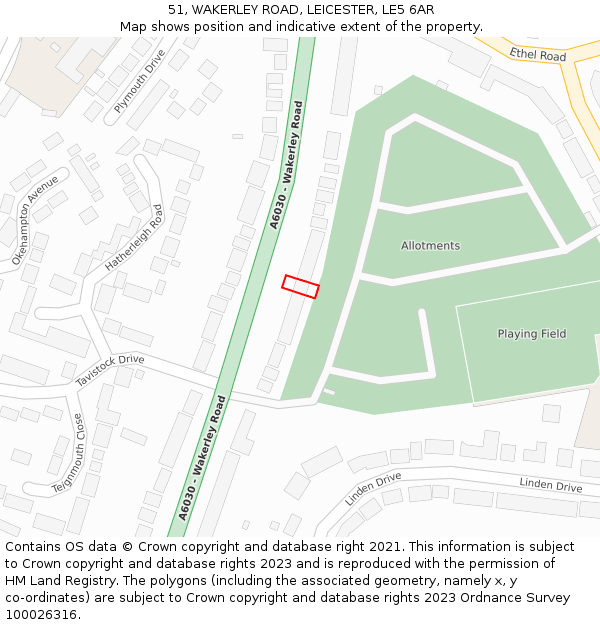 51, WAKERLEY ROAD, LEICESTER, LE5 6AR: Location map and indicative extent of plot