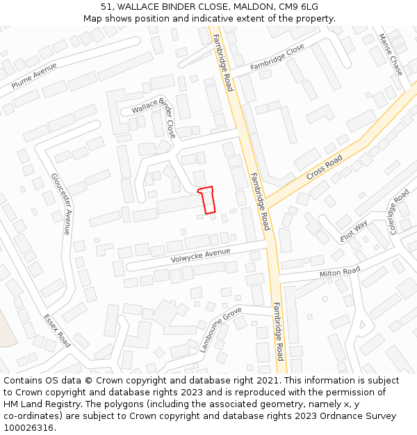 51, WALLACE BINDER CLOSE, MALDON, CM9 6LG: Location map and indicative extent of plot