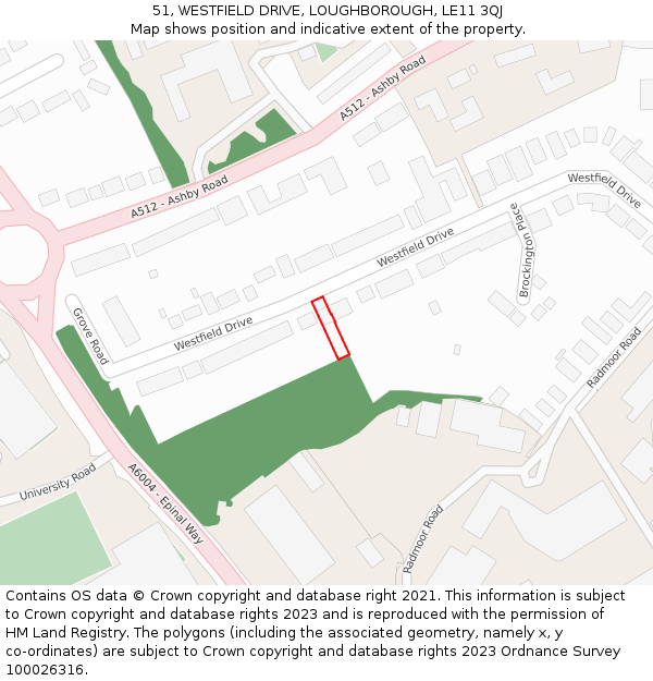 51, WESTFIELD DRIVE, LOUGHBOROUGH, LE11 3QJ: Location map and indicative extent of plot