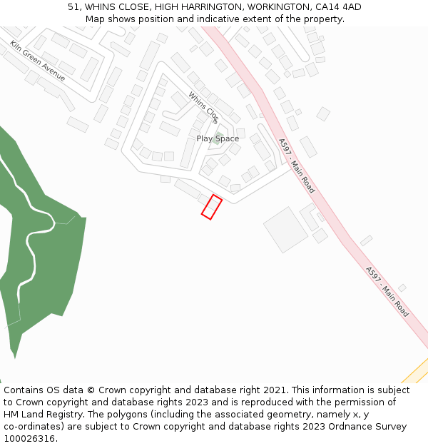 51, WHINS CLOSE, HIGH HARRINGTON, WORKINGTON, CA14 4AD: Location map and indicative extent of plot