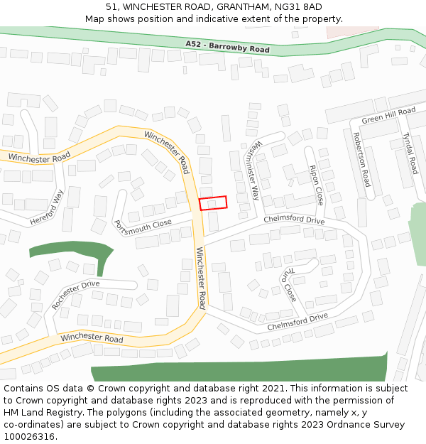 51, WINCHESTER ROAD, GRANTHAM, NG31 8AD: Location map and indicative extent of plot