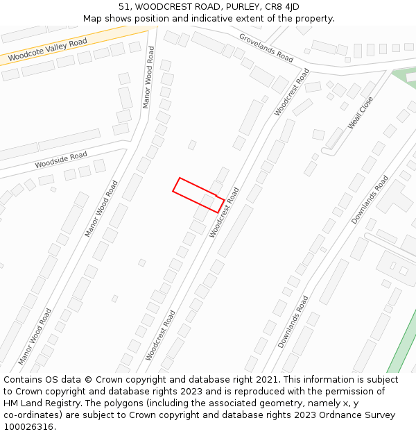 51, WOODCREST ROAD, PURLEY, CR8 4JD: Location map and indicative extent of plot