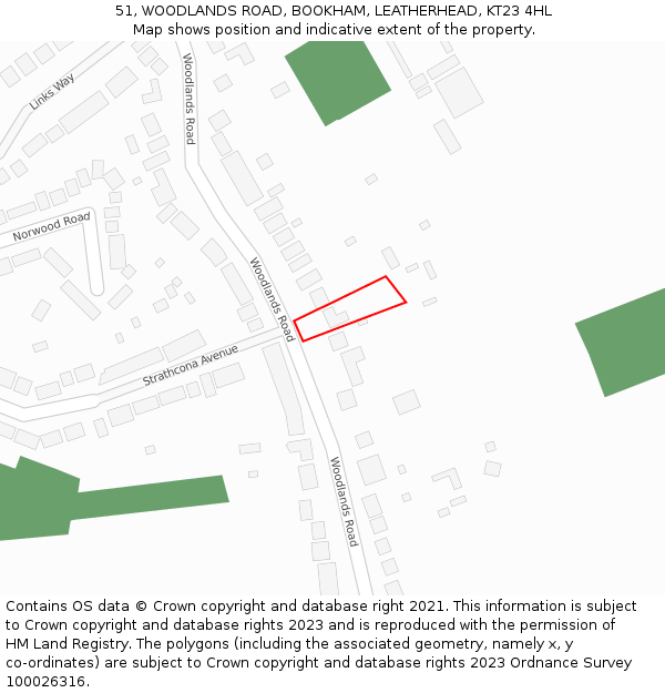 51, WOODLANDS ROAD, BOOKHAM, LEATHERHEAD, KT23 4HL: Location map and indicative extent of plot