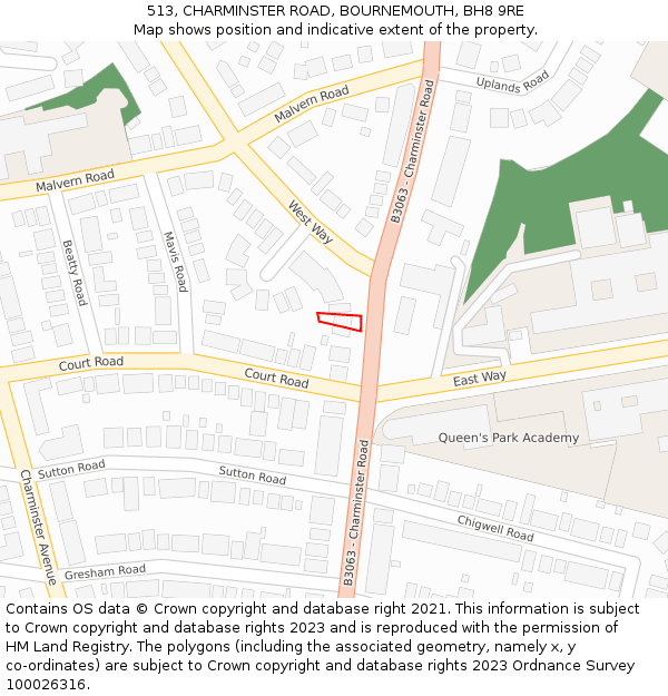 513, CHARMINSTER ROAD, BOURNEMOUTH, BH8 9RE: Location map and indicative extent of plot