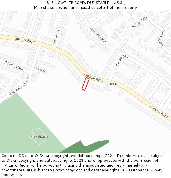 516, LOWTHER ROAD, DUNSTABLE, LU6 3LJ: Location map and indicative extent of plot