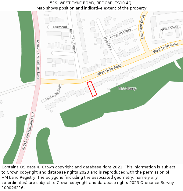 519, WEST DYKE ROAD, REDCAR, TS10 4QL: Location map and indicative extent of plot
