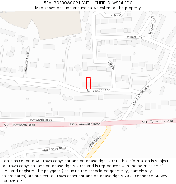 51A, BORROWCOP LANE, LICHFIELD, WS14 9DG: Location map and indicative extent of plot