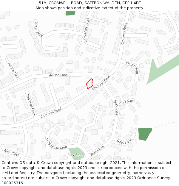 51A, CROMWELL ROAD, SAFFRON WALDEN, CB11 4BE: Location map and indicative extent of plot