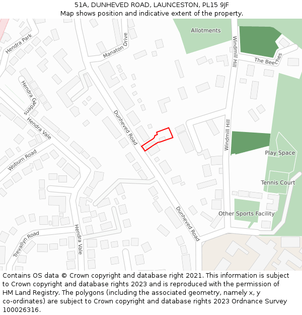 51A, DUNHEVED ROAD, LAUNCESTON, PL15 9JF: Location map and indicative extent of plot