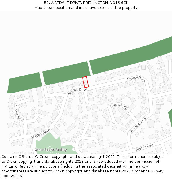 52, AIREDALE DRIVE, BRIDLINGTON, YO16 6GL: Location map and indicative extent of plot