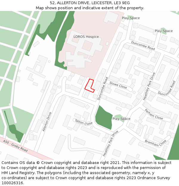 52, ALLERTON DRIVE, LEICESTER, LE3 9EG: Location map and indicative extent of plot