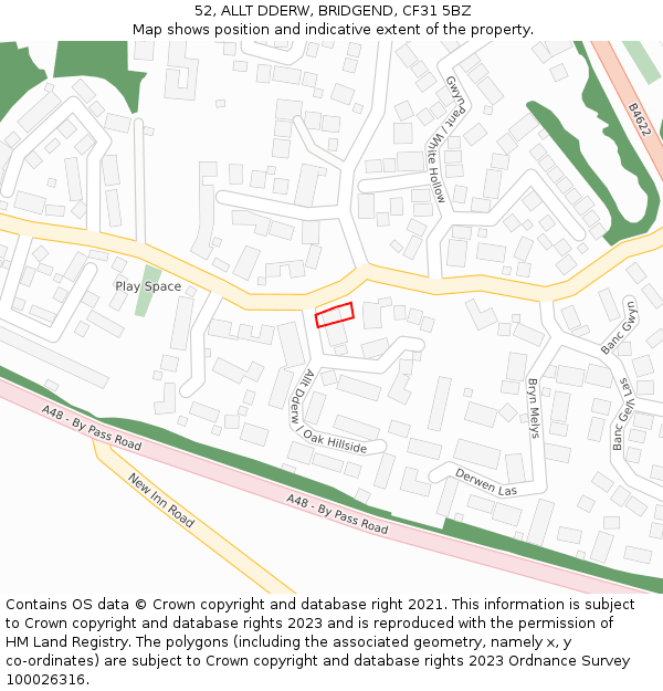 52, ALLT DDERW, BRIDGEND, CF31 5BZ: Location map and indicative extent of plot