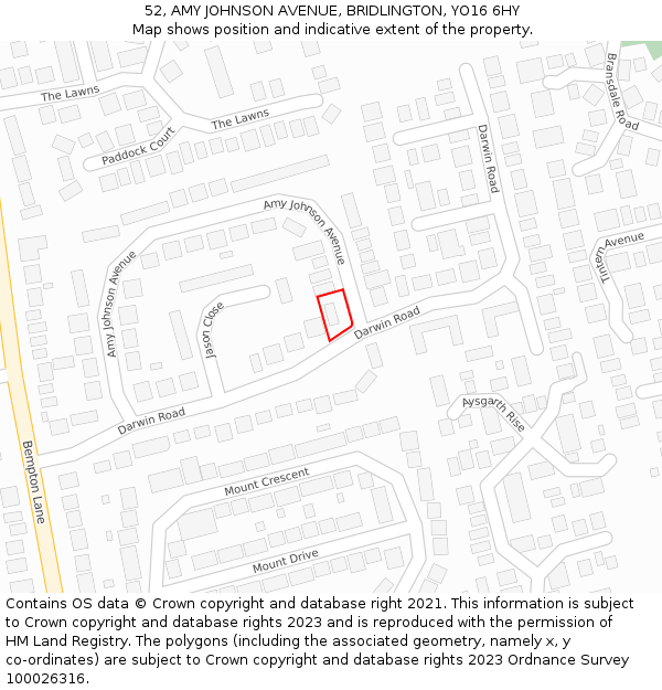 52, AMY JOHNSON AVENUE, BRIDLINGTON, YO16 6HY: Location map and indicative extent of plot