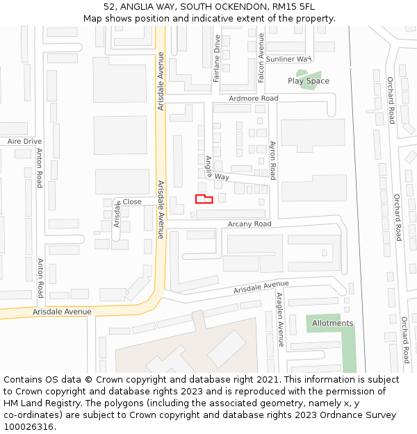 52, ANGLIA WAY, SOUTH OCKENDON, RM15 5FL: Location map and indicative extent of plot