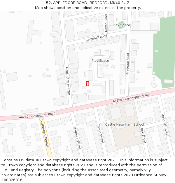 52, APPLEDORE ROAD, BEDFORD, MK40 3UZ: Location map and indicative extent of plot