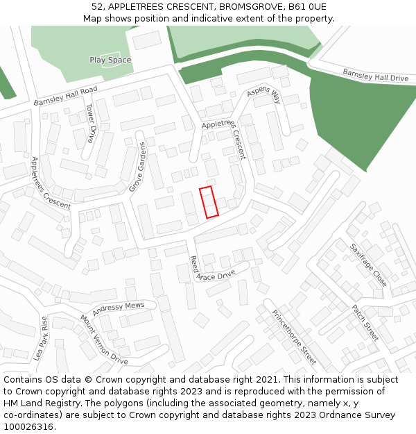 52, APPLETREES CRESCENT, BROMSGROVE, B61 0UE: Location map and indicative extent of plot
