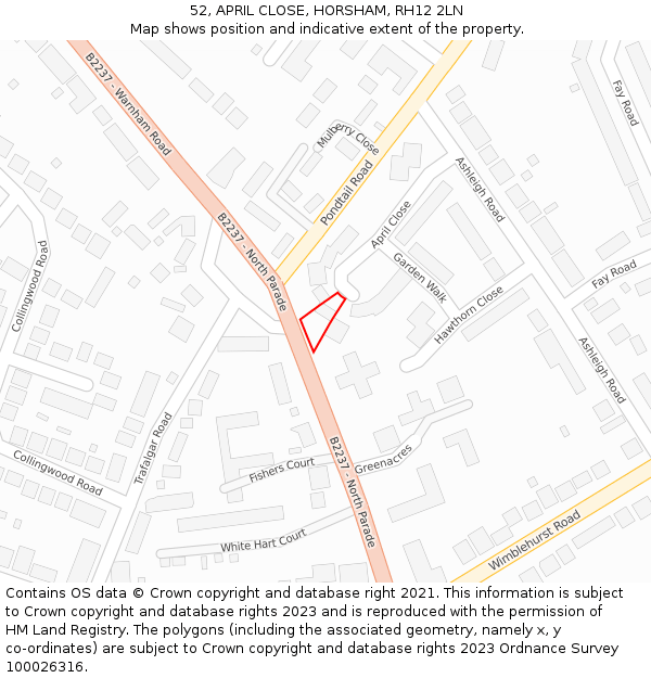 52, APRIL CLOSE, HORSHAM, RH12 2LN: Location map and indicative extent of plot