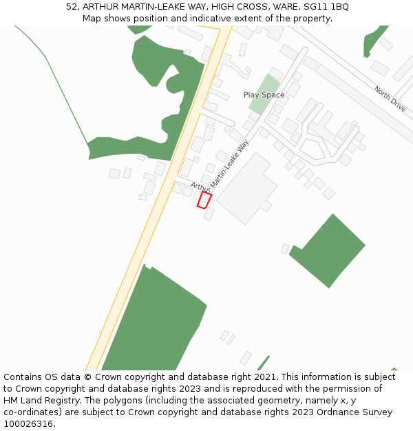 52, ARTHUR MARTIN-LEAKE WAY, HIGH CROSS, WARE, SG11 1BQ: Location map and indicative extent of plot