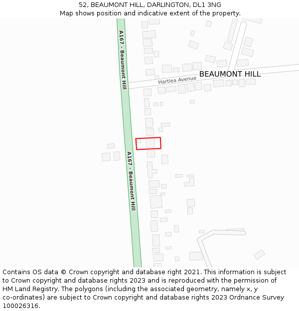 52, BEAUMONT HILL, DARLINGTON, DL1 3NG: Location map and indicative extent of plot