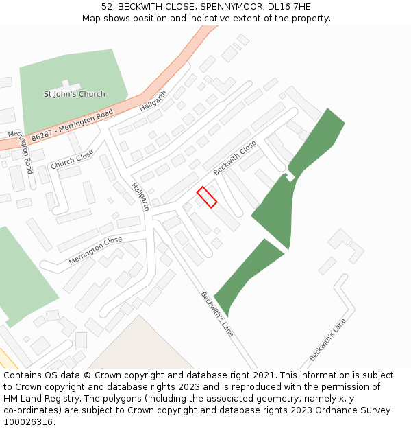 52, BECKWITH CLOSE, SPENNYMOOR, DL16 7HE: Location map and indicative extent of plot