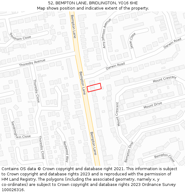 52, BEMPTON LANE, BRIDLINGTON, YO16 6HE: Location map and indicative extent of plot