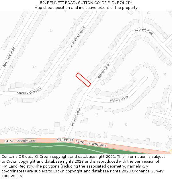52, BENNETT ROAD, SUTTON COLDFIELD, B74 4TH: Location map and indicative extent of plot