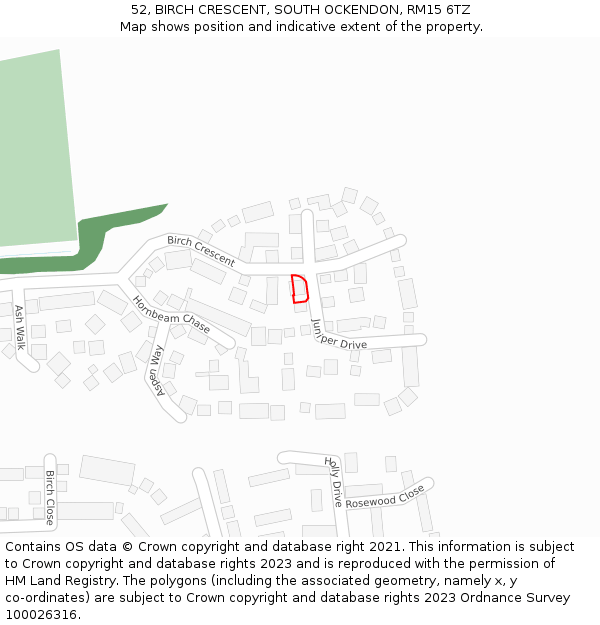 52, BIRCH CRESCENT, SOUTH OCKENDON, RM15 6TZ: Location map and indicative extent of plot