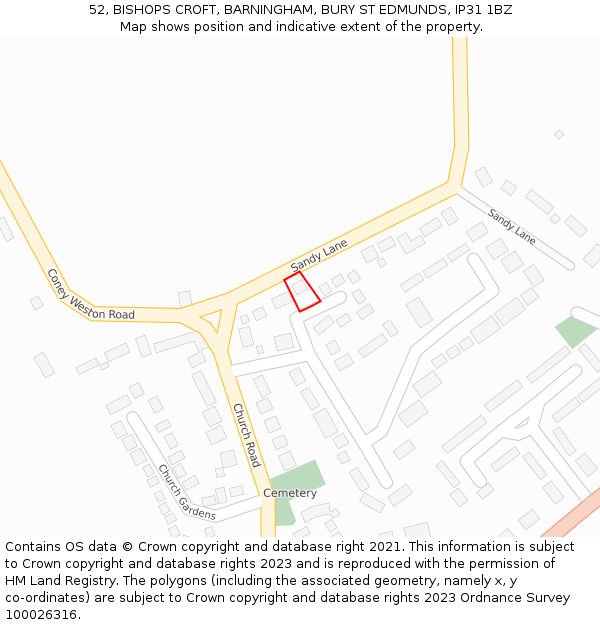 52, BISHOPS CROFT, BARNINGHAM, BURY ST EDMUNDS, IP31 1BZ: Location map and indicative extent of plot