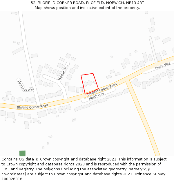 52, BLOFIELD CORNER ROAD, BLOFIELD, NORWICH, NR13 4RT: Location map and indicative extent of plot