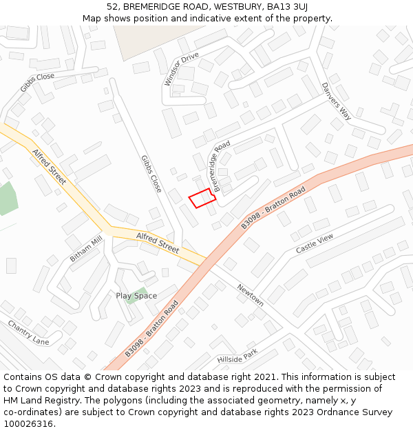 52, BREMERIDGE ROAD, WESTBURY, BA13 3UJ: Location map and indicative extent of plot