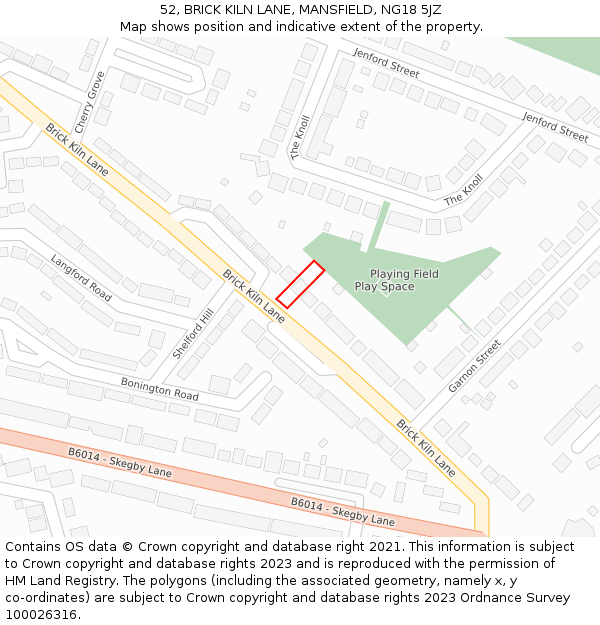 52, BRICK KILN LANE, MANSFIELD, NG18 5JZ: Location map and indicative extent of plot