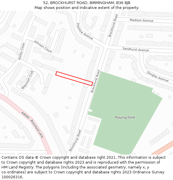 52, BROCKHURST ROAD, BIRMINGHAM, B36 8JB: Location map and indicative extent of plot