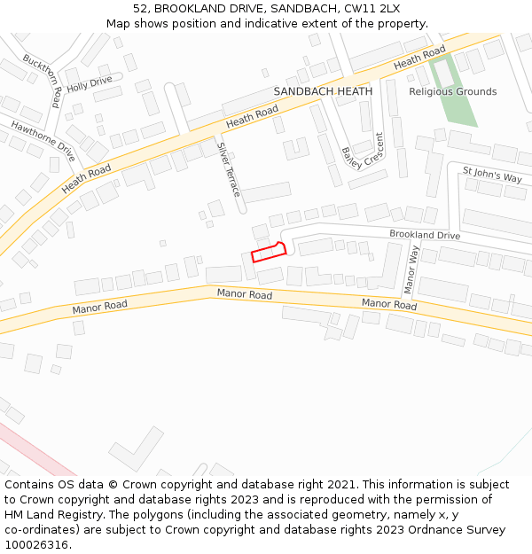 52, BROOKLAND DRIVE, SANDBACH, CW11 2LX: Location map and indicative extent of plot