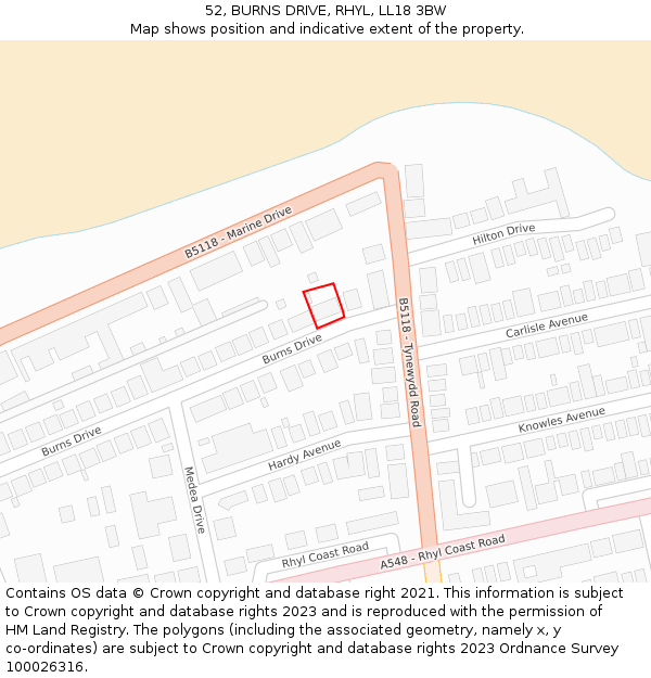 52, BURNS DRIVE, RHYL, LL18 3BW: Location map and indicative extent of plot