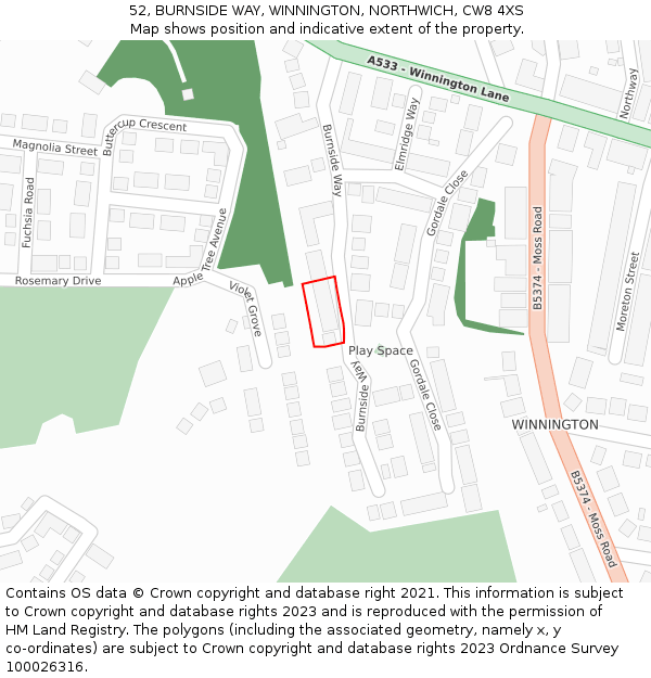 52, BURNSIDE WAY, WINNINGTON, NORTHWICH, CW8 4XS: Location map and indicative extent of plot