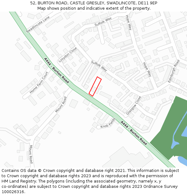 52, BURTON ROAD, CASTLE GRESLEY, SWADLINCOTE, DE11 9EP: Location map and indicative extent of plot