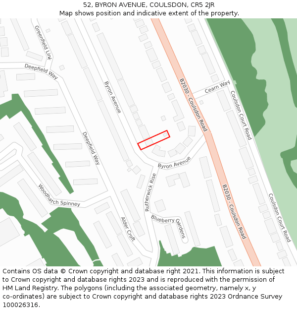 52, BYRON AVENUE, COULSDON, CR5 2JR: Location map and indicative extent of plot