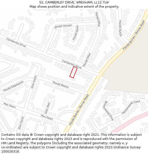 52, CAMBERLEY DRIVE, WREXHAM, LL12 7LW: Location map and indicative extent of plot