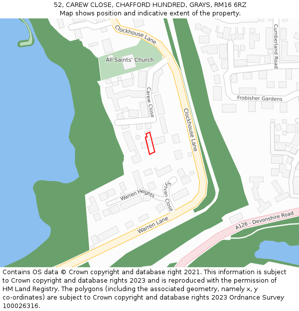52, CAREW CLOSE, CHAFFORD HUNDRED, GRAYS, RM16 6RZ: Location map and indicative extent of plot
