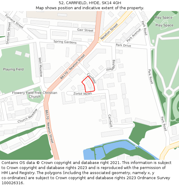 52, CARRFIELD, HYDE, SK14 4GH: Location map and indicative extent of plot