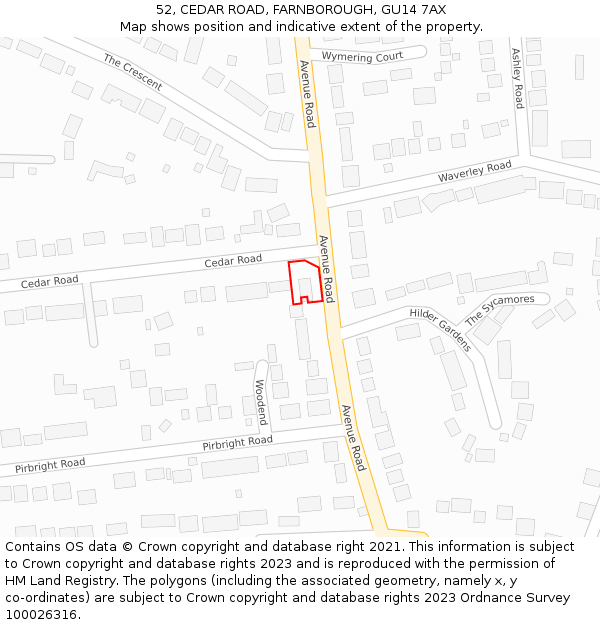 52, CEDAR ROAD, FARNBOROUGH, GU14 7AX: Location map and indicative extent of plot