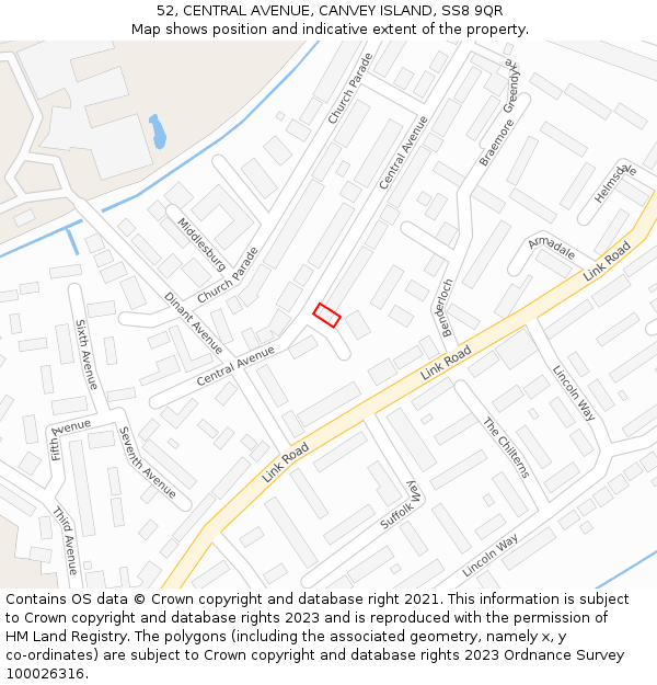 52, CENTRAL AVENUE, CANVEY ISLAND, SS8 9QR: Location map and indicative extent of plot