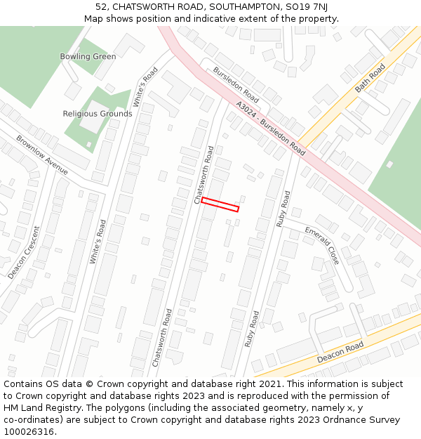 52, CHATSWORTH ROAD, SOUTHAMPTON, SO19 7NJ: Location map and indicative extent of plot